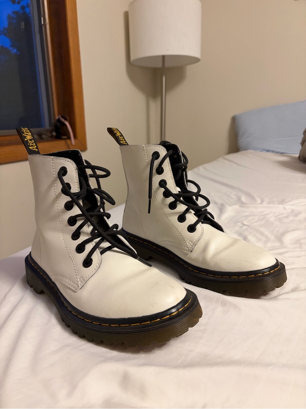 Dr. Martens White Leather Lace-Up Combat Boots with Black Laces